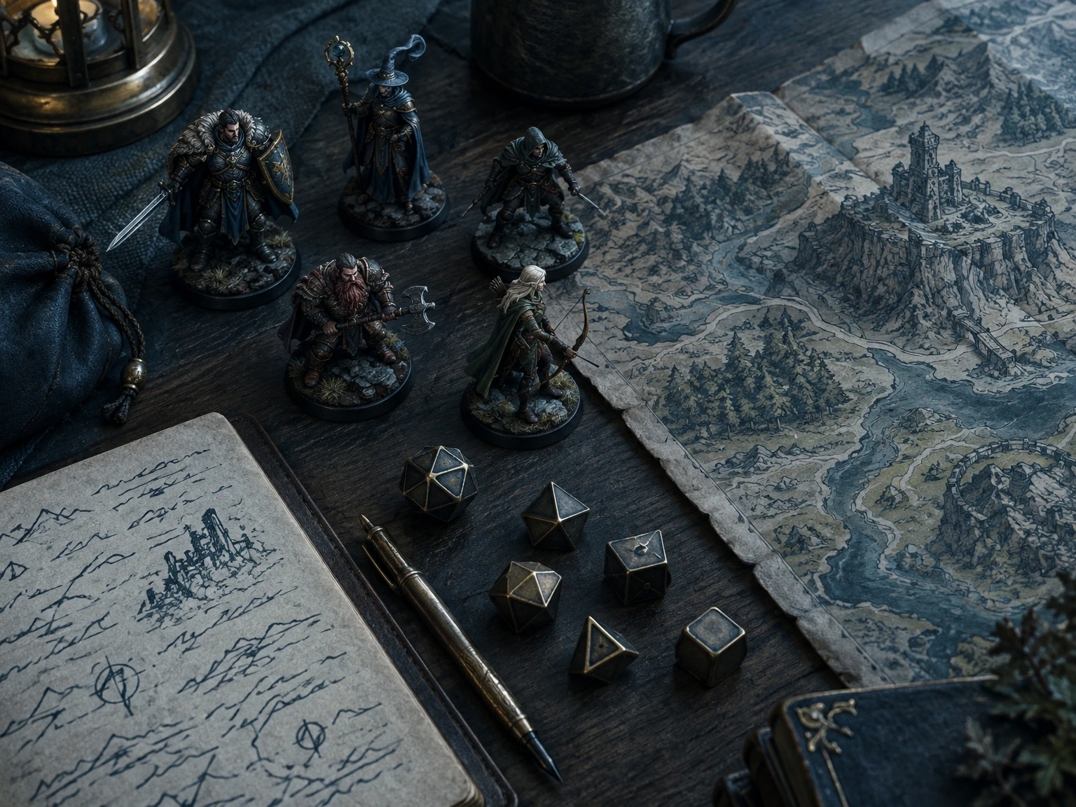 An illustrated dungeon master’s table with miniature figures, dice, a folded map and a notebook with abstract ink marks.