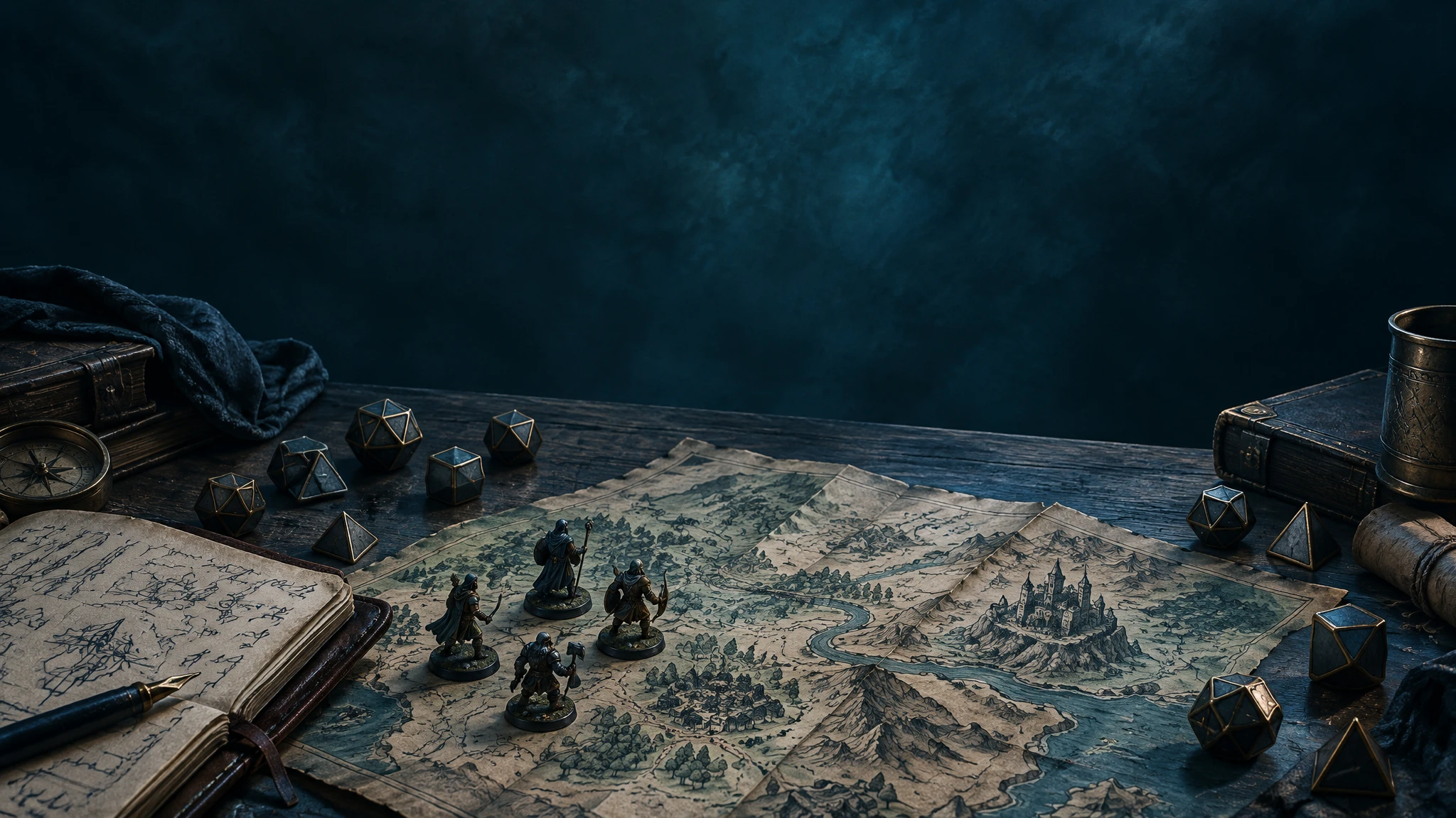 An illustrated tabletop landscape with a campaign map, dice and miniatures under cool evening light.